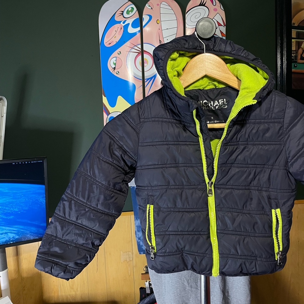 Michael Kors Navy Puffer Jacket with Lime Accents size 5 toddler